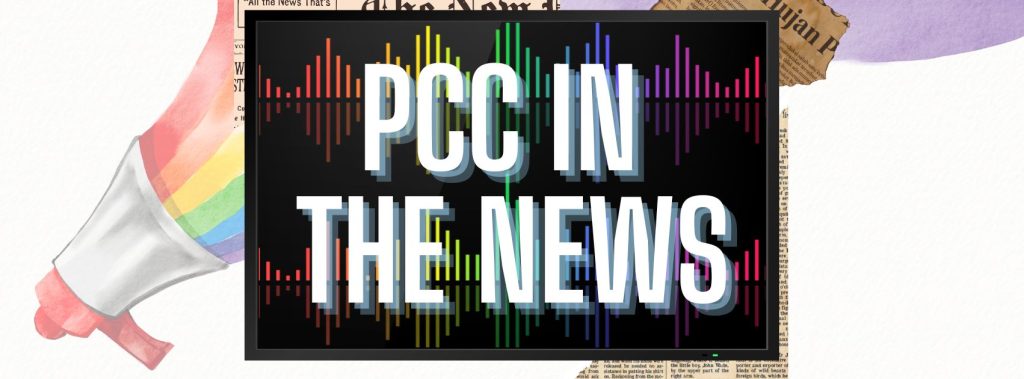 A graphic with the text "PCC IN THE NEWS" over a black background with colorful soundwaves, a rainbow coming out of a megaphone, and newspaper clippings in the background.