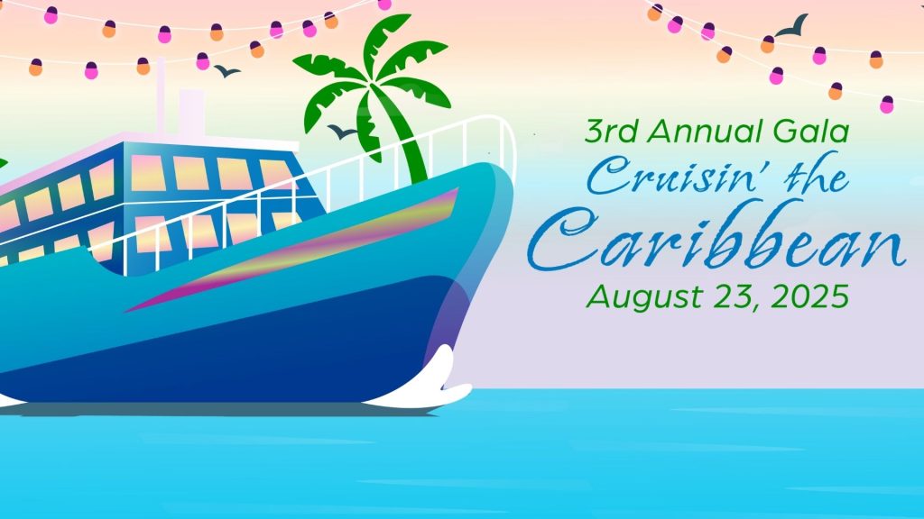 A vibrant tropical-themed flyer for the 2025 Pride Brazos Gala. The design features a large cruise ship in shades of blue and pink centered on the graphic, set against a background with a green palm tree. The top corners are accented with glowing pink and orange lights, creating a festive, 'vacation-style' atmosphere for the event.