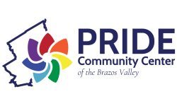 Logo for Pride Community Center of the Brazos Valley, featuring a rainbow-colored floral pinwheel icon next to the organization's name in blue text.